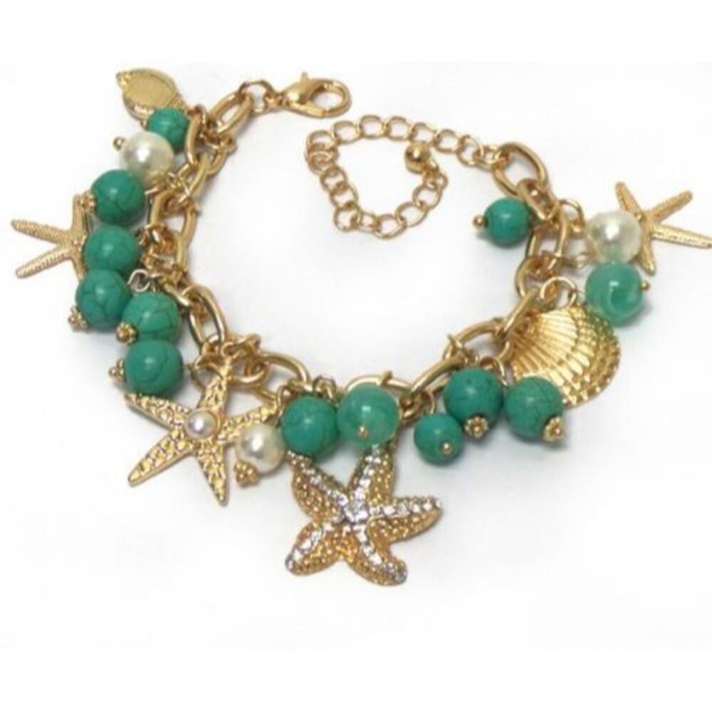 Gold Tone Starfish Seashell Coastal Beach Nautical Charm Bracelet